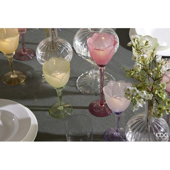 Skleněný svícen ve tvaru tulipánu fialový/růžový 1ks, 28x8,5 cm