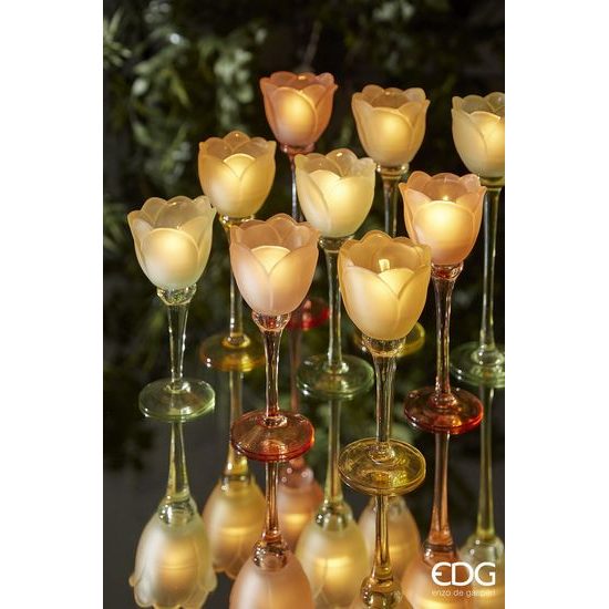 Skleněný svícen ve tvaru tulipánu žlutý/oranžový/zelený 1ks, 28x8,5 cm