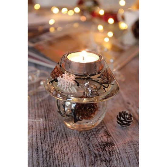 Vánoční skleněný svícen na čajovou svíčku ve tvaru lampičky Winter Story, 10x9,5 cm