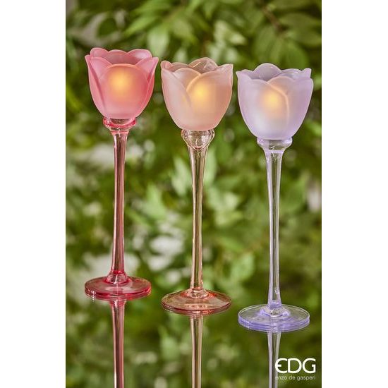 Skleněný svícen ve tvaru tulipánu fialový/růžový 1ks, 28x8,5 cm