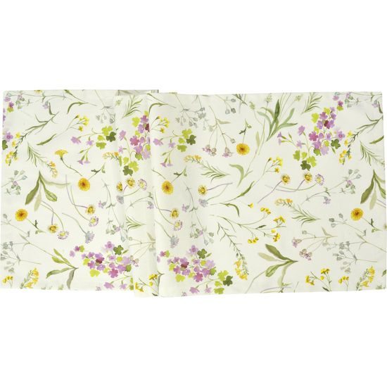 Behúň na stôl Prato biely s lúčnymi kvetmi 50x140cm, Sander