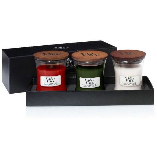 Woodwick darčekový set Frasier Fir, White Teak, Crimson Berries váza malá 3 ks