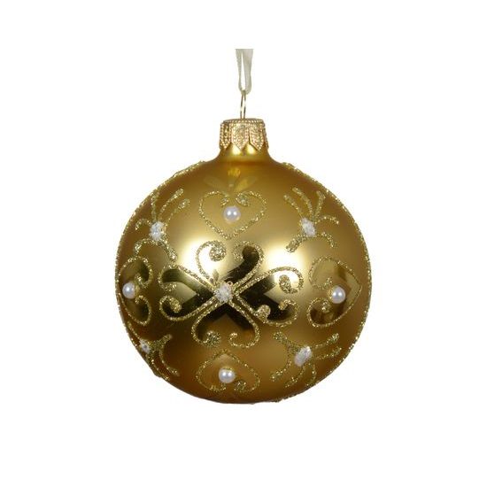 Vánoční skleněná zlatá ozdoba s ornamenty a flitry, 8 cm