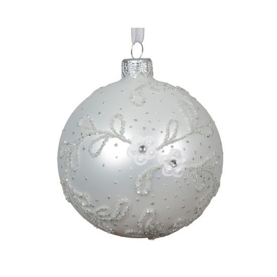 Vánoční skleněná bílá ozdoba s ornamenty, 8 cm