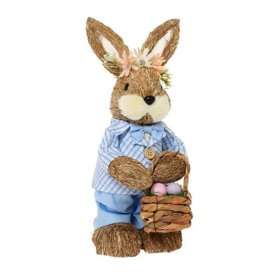 Velikonoční dekorace slaměný zajíc s košíkem, 11x14x29 cm