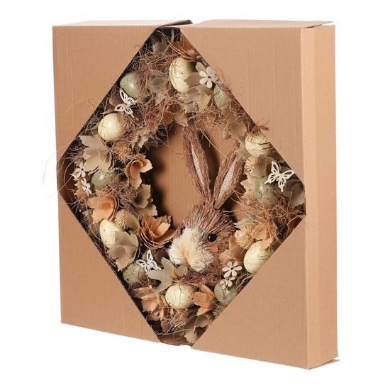 Velikonoční dekorace věnec s květy a zajícem přírodní, 45 cm