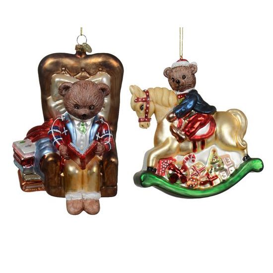 Vianočná sklenená ozdoba medvedík v kresle/koňovi, 13 cm