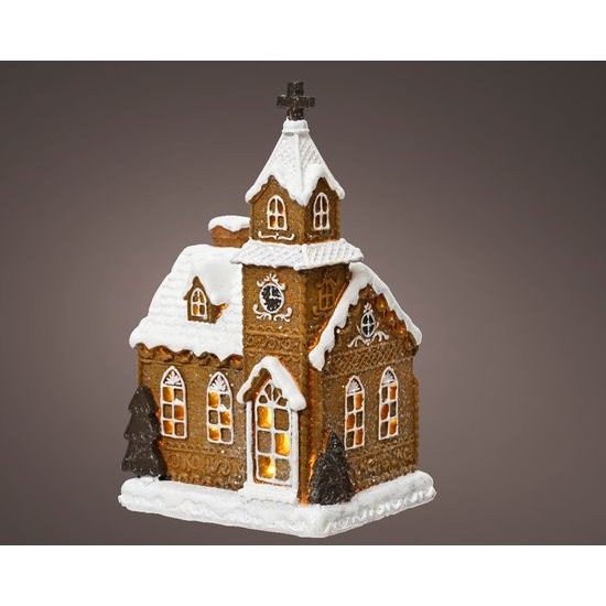 Vánoční dekorace perníkový kostelíček s LED osvětlením, 14x12x23,5 cm