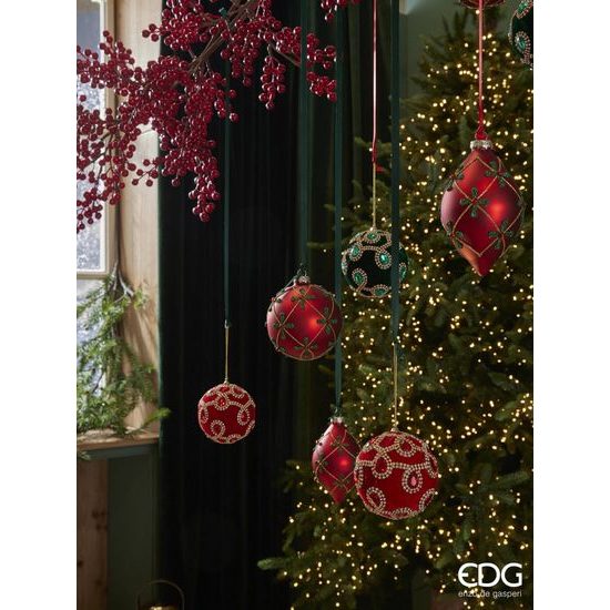 Vánoční skleněná ozdoba s ornamenty červená 1ks, 10 cm