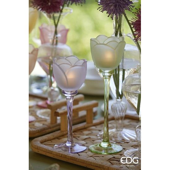 Skleněný svícen ve tvaru tulipánu fialový/růžový 1ks, 19x8,5 cm