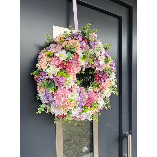 Jarní dekorace věnec na dveře jarní kvítí barevný, 48 cm