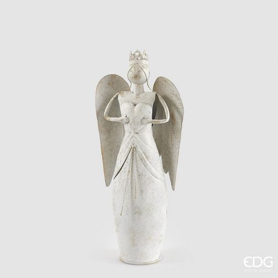 Dekorace kovový anděl se srdcem bílo-zlatý, 56,5x25x11,5 cm