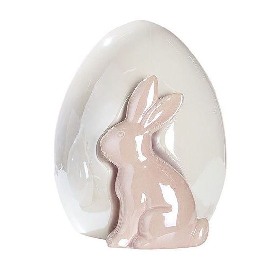 Velikonoční dekorace porcelánový zajíček s vajíčkem bílá perleť/růžová, 14,5x13x16,5 cm