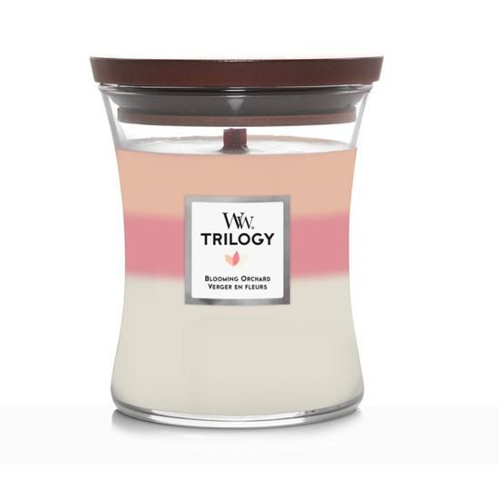 WoodWick - Trilogy Blooming Orchard sviečka, stredná váza 275 g