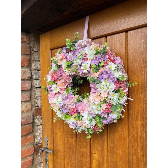 Jarní dekorace věnec na dveře jarní kvítí barevný, 48 cm