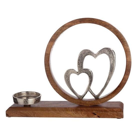 Kovový stříbrný svícen na dřevěným klínku se srdcem 1ks, 8x26x36 cm