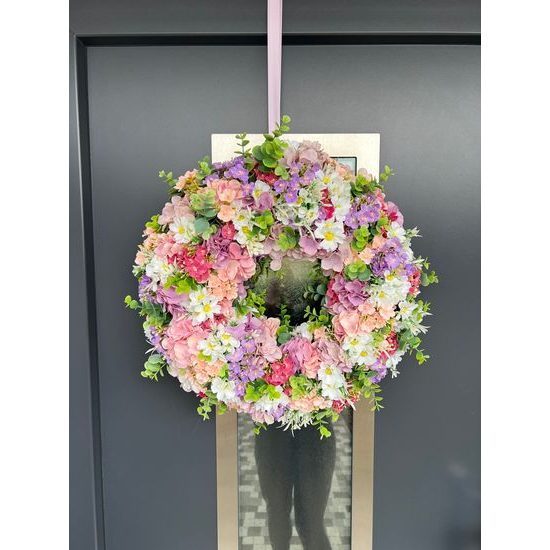 Jarní dekorace věnec na dveře jarní kvítí barevný, 48 cm
