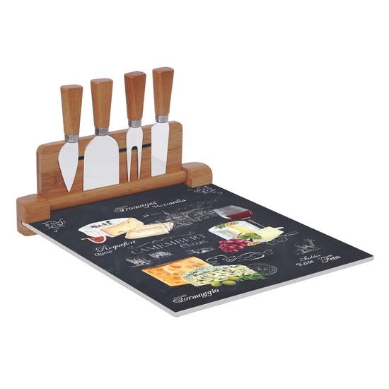 Servírovací sada se skleněnou deskou a noži na sýry Les Fromages v dárkovém balení černá 30x25cm, Easy Life