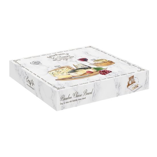 Servírovací sada se skleněnou deskou a noži na sýry Les Fromages v dárkovém balení bílá 30x25cm, Easy Life
