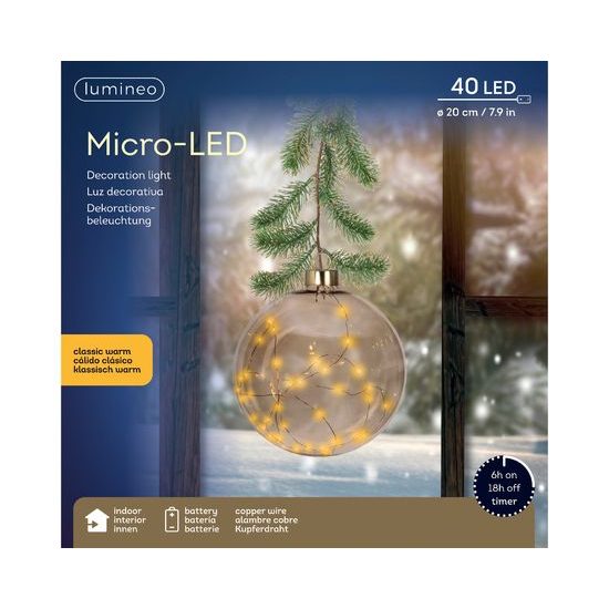 Vianočná závesná guľa s LED svetlami a vetvičkami, 20 cm