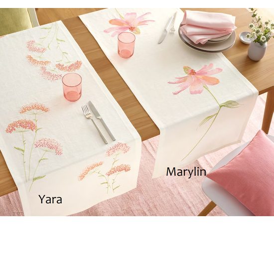 Lněný běhoun na stůl Yara bílý s růžovými květy 50x150cm, Sander