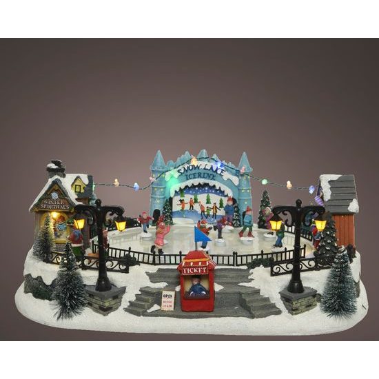 Vánoční dekorace hrací vesnička a kluziště s LED osvětlením, 28,5x41,5x16,5 cm