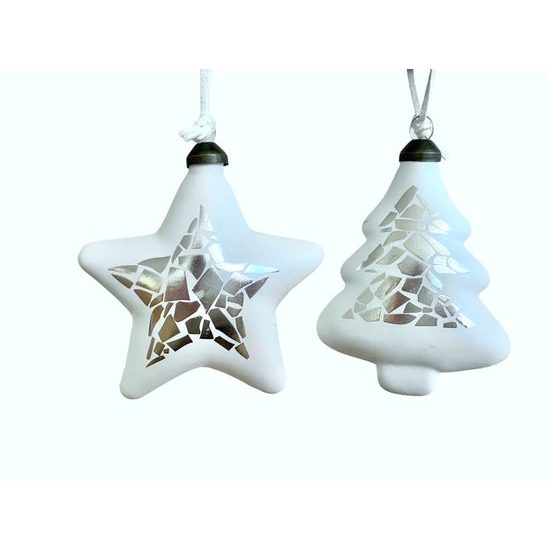 Vianočná sklenená ozdoba hviezda / stromček biely 1ks, 10x7 cm