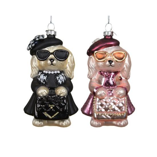Vánoční skleněná ozdoba psí dáma v outfitu 1ks, 7,2x6,8x12,6cm