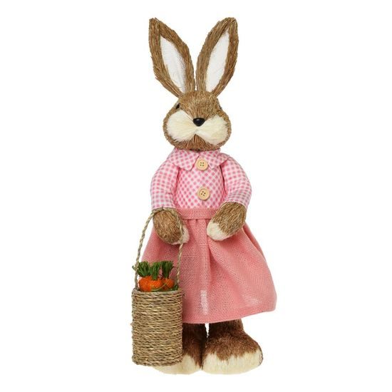 Velikonoční dekorace slaměná zaječice s košíkem růžová, 20x17x52 cm