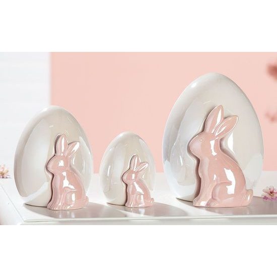 Veľkonočné dekorácie porcelánový zajačik s vajíčkom biela perleť / ružová, 14,5x13x16,5 cm