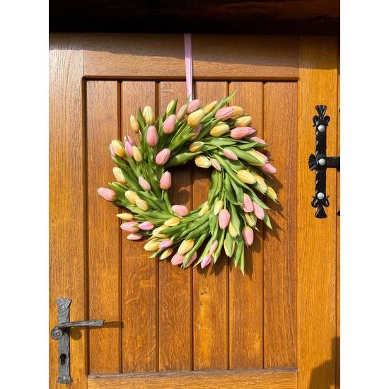 Jarní dekorace věnec na dveře silikonové tulipány růžovo-žlutý, 45-50cm