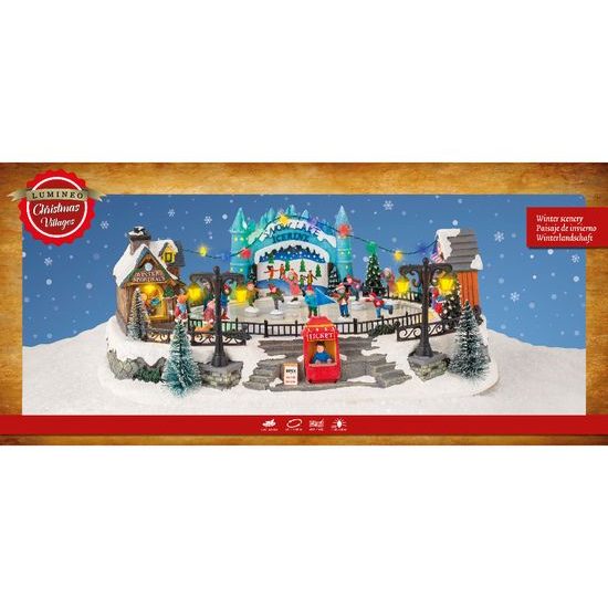 Vánoční dekorace hrací vesnička a kluziště s LED osvětlením, 28,5x41,5x16,5 cm