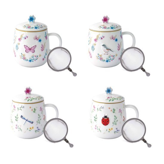 Porcelánový hrnek se sítkem a pokličkou na čaj Fancy Garden 450ml, Easy Life