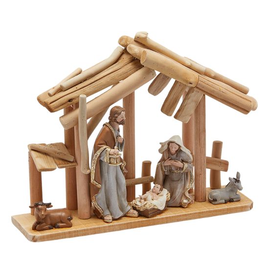 Vánoční dekorace svatá rodina v betlému přírodní, 28x38x10 cm