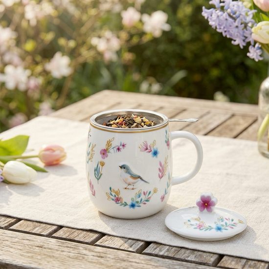 Porcelánový hrnček so sitkom a viečkom na čaj Fancy Garden 450 ml, Easy Life