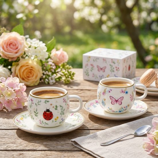 Porcelánová sada šálek s podšálkem na espresso 2ks Fancy Garden Louka 120ml, Easy Life
