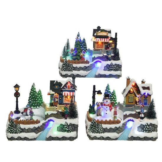 Vánoční dekorace hrací vesnička s LED, 1ks 15x21x15,5 cm