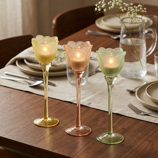 Skleněný svícen ve tvaru tulipánu žlutý/oranžový/zelený 1ks, 28x8,5 cm