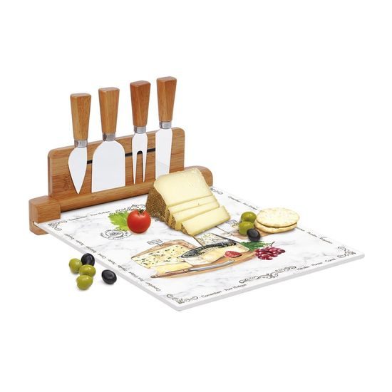Servírovací sada se skleněnou deskou a noži na sýry Les Fromages v dárkovém balení bílá 30x25cm, Easy Life