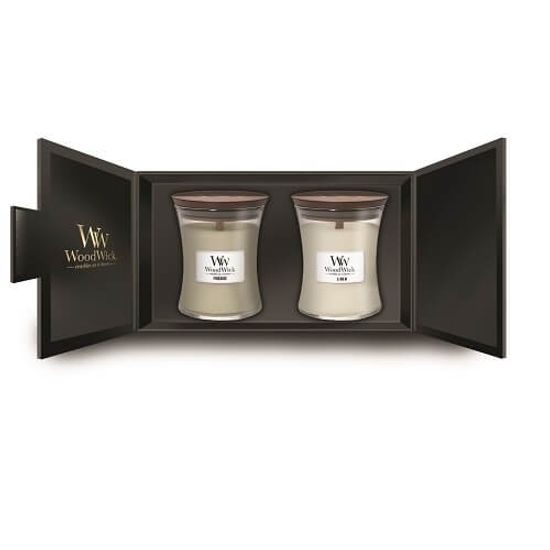 Woodwick - Darčekový set 2ks sklo strednej Fireside, Linen, 275 g