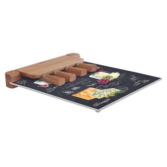 Servírovací sada se skleněnou deskou a noži na sýry Les Fromages v dárkovém balení černá 30x25cm, Easy Life