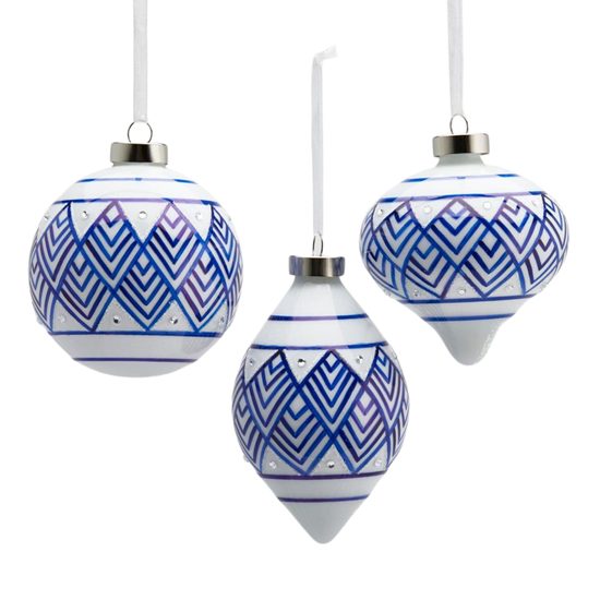 Vianočná sklenená ozdoba s modrým vzorom biela 1ks, 10 cm