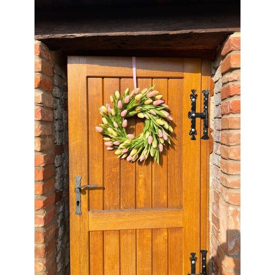 Jarní dekorace věnec na dveře silikonové tulipány růžovo-žlutý, 45-50cm