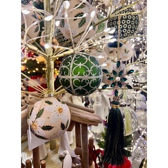 Vianočná sklenená ozdoba zelená s flitrami, 10 cm