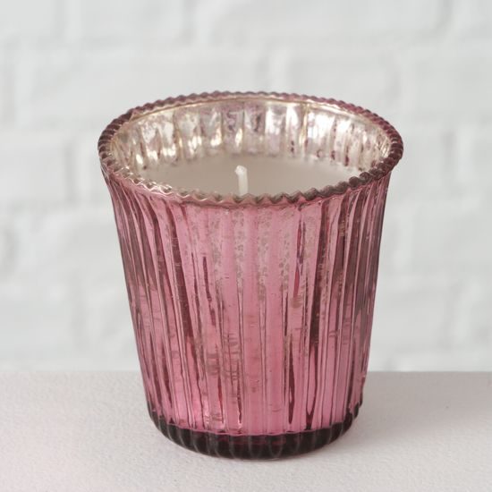 Sklenený svietnik so sviečkou 7 cm tmavo ružový lesklý