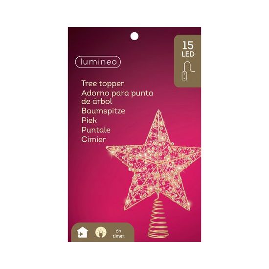 Vianočná dekorácia zlatá špička na stromček hviezda s LED svetlom, 6x25x27 cm