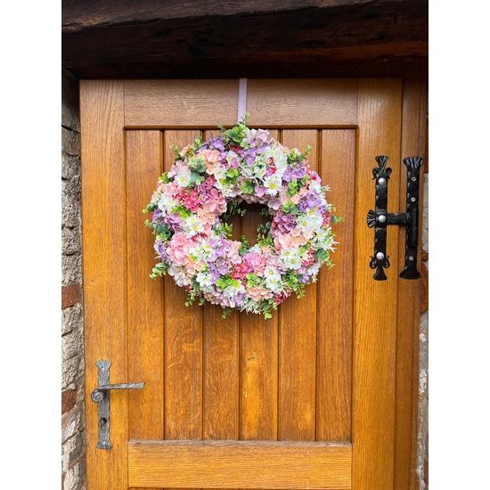 Jarní dekorace věnec na dveře jarní kvítí barevný, 48 cm