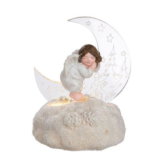 Anděl na měsíci s LED osvětlením bílý, 10x11x15 cm