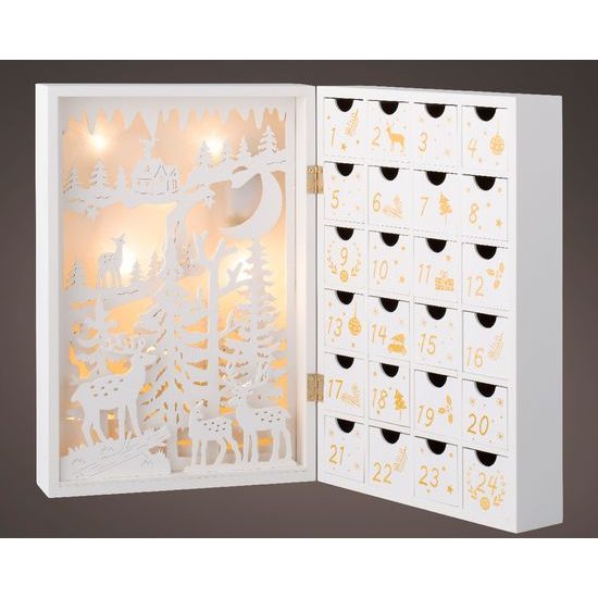 Vánoční dekorace kniha adventní kalendář s LED osvětlením bílý, 11x23,5x34,5 cm