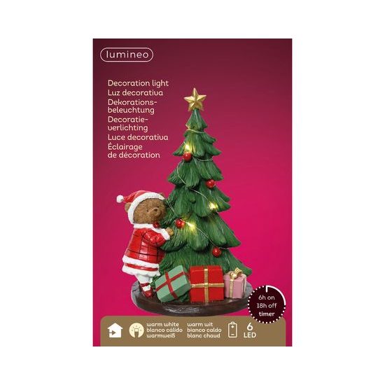 Vianočná dekorácia Medvedík so stromčekom a svetlami, 17,5x14,5x27,5 cm